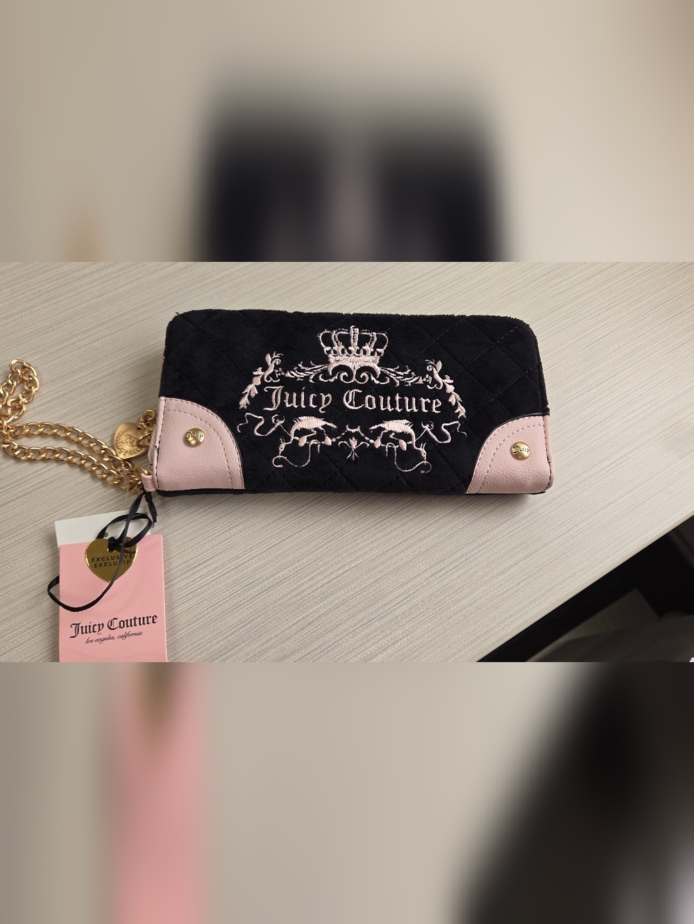 Juicy Couture Black Quilted Wallet with Blush Pink Accents